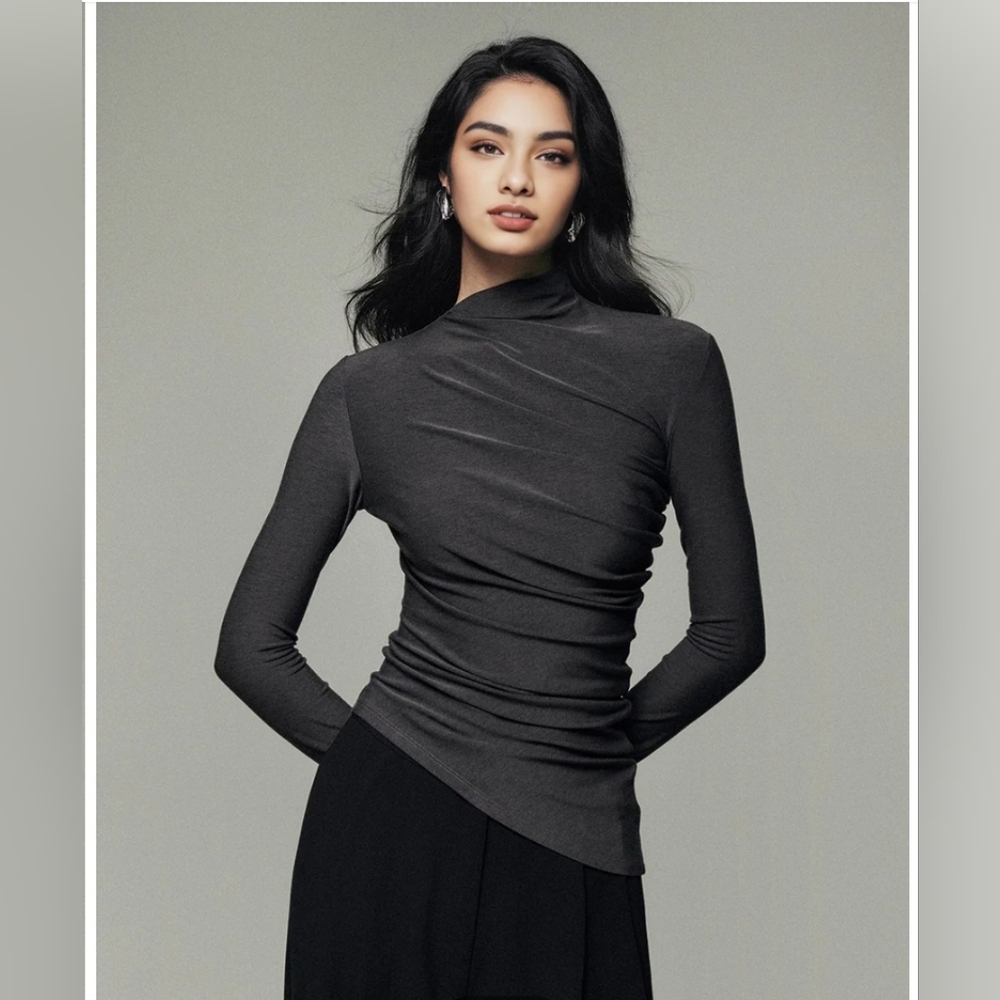 Asymmetric Collar Draped Long Sleeve Shirt